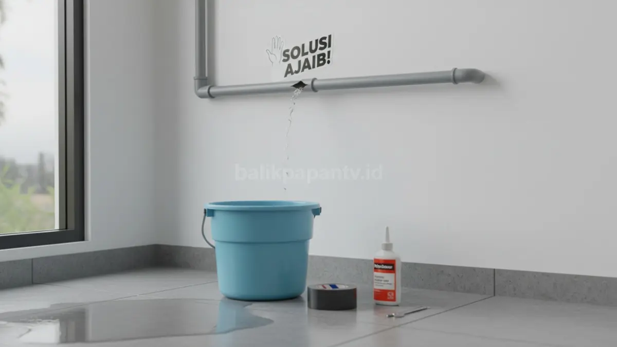 Ilustrasi pipa bocor di rumah dengan air menetes dan solusi perbaikan sederhana yang bikin penasaran
