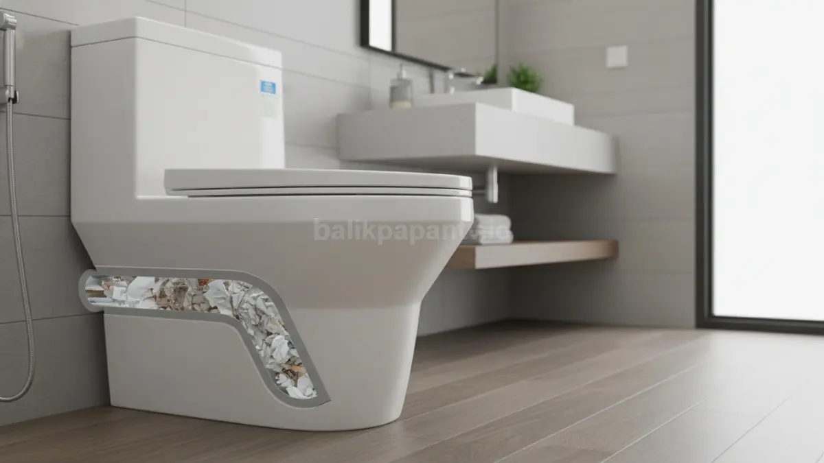 Ilustrasi WC modern dengan desain minimalis namun saluran pembuangan sempit, memperlihatkan penumpukan tisu dan limbah yang memicu penyumbatan di rumah masa kini