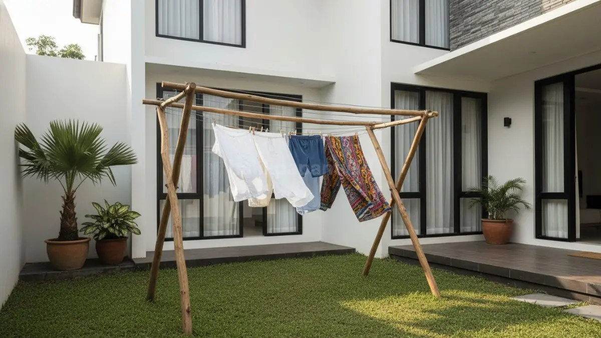 Jemuran kayu natural digunakan di halaman rumah modern
