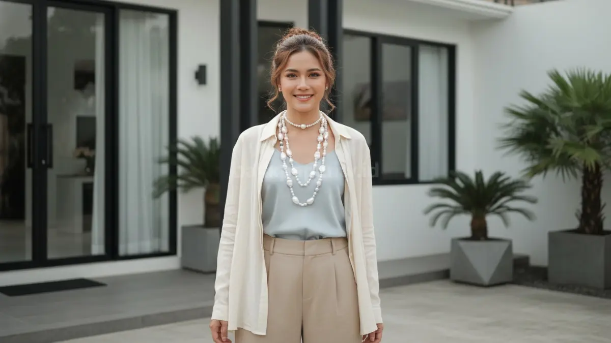 Kalung mutiara modern dipadukan outfit kasual, tampil elegan tanpa berlebihan