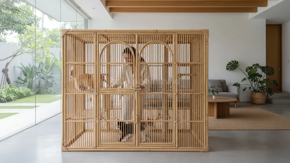 Kandang kucing dari bambu dengan desain sederhana terlihat rapi dan alami
