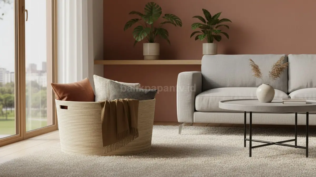 keranjang anyaman modern minimalis di ruang tamu estetik