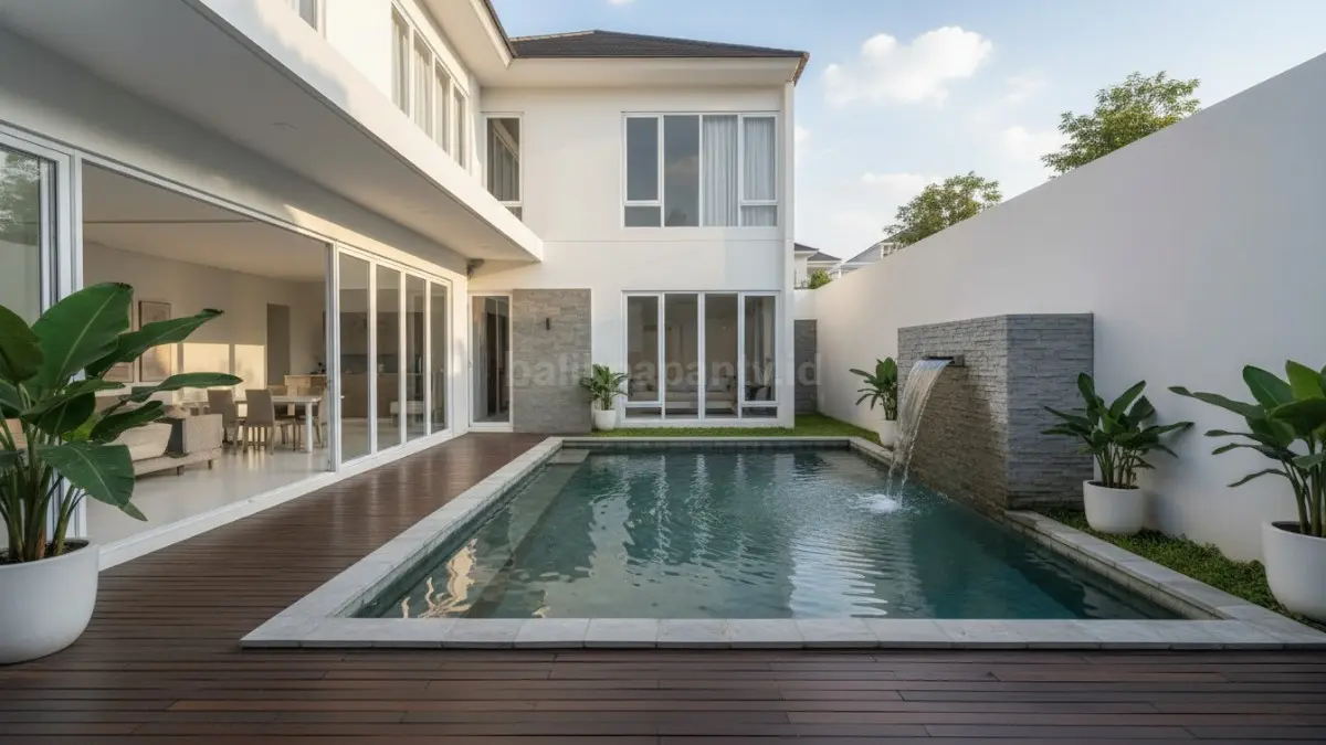 Kolam kecil di halaman belakang rumah dengan desain sederhana