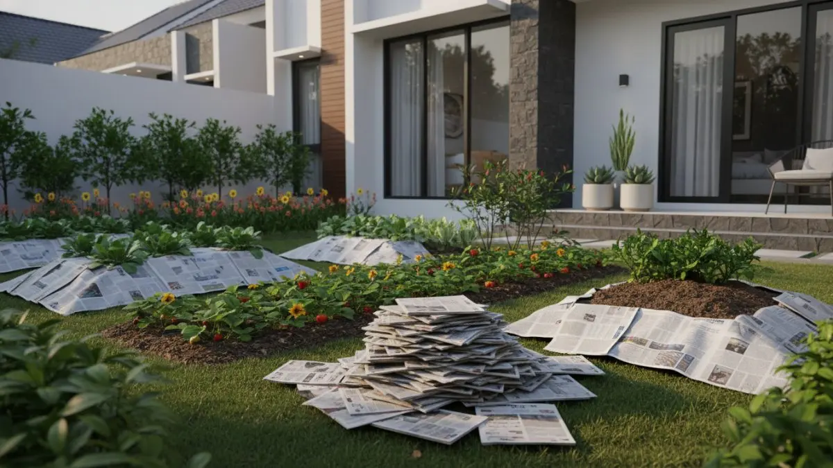 Koran bekas digunakan sebagai mulsa di taman rumah untuk menjaga kelembapan tanah