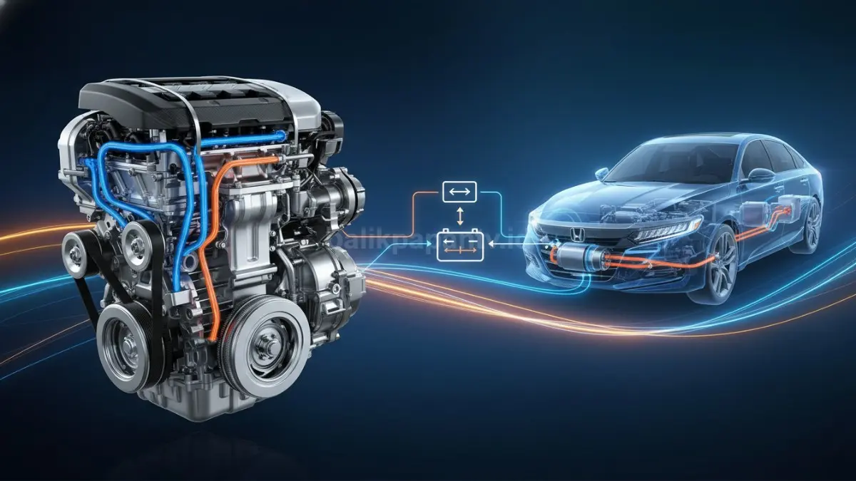 Mesin hybrid eHEV dan ilustrasi sistem tenaga listrik Accord.
