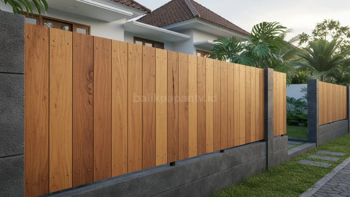 Pagar kayu solid atau kombinasi dengan rangka beton yang menampilkan tekstur alami, memberikan kesan hangat sekaligus kokoh sebagai pembatas rumah modern