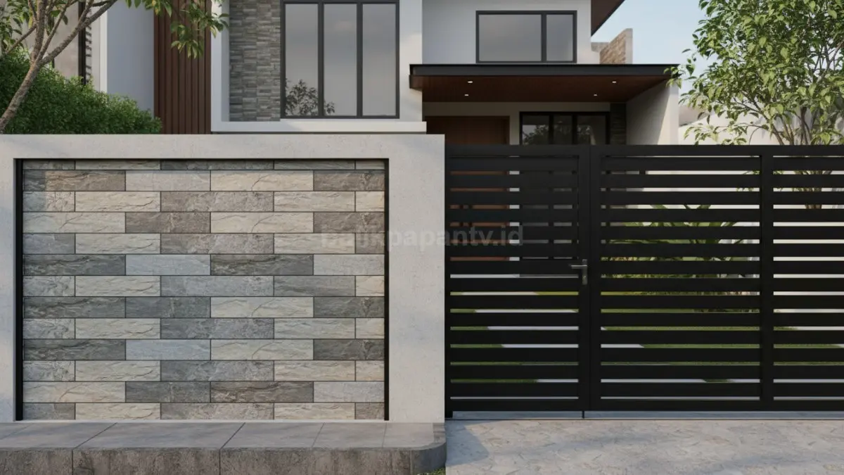 Pagar  keramik horizontal + rangka besi alloy hitam doff