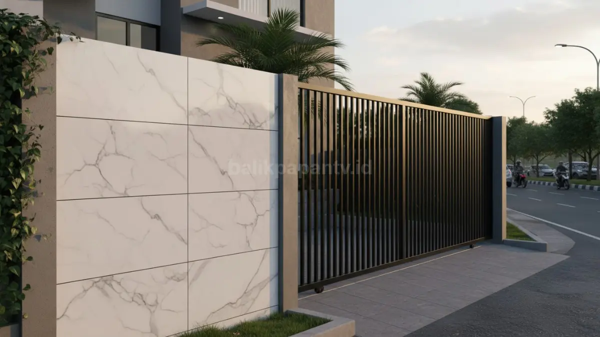 Pagar rumah Kombinasi keramik motif marmer + kisi vertikal besi alloy