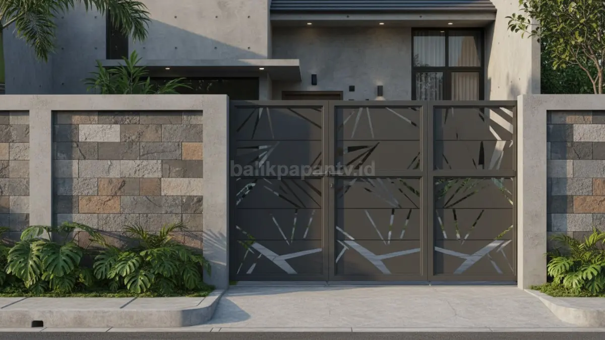 Pagar rumah kombinasi Keramik tekstur kasar + laser-cut alloy panel