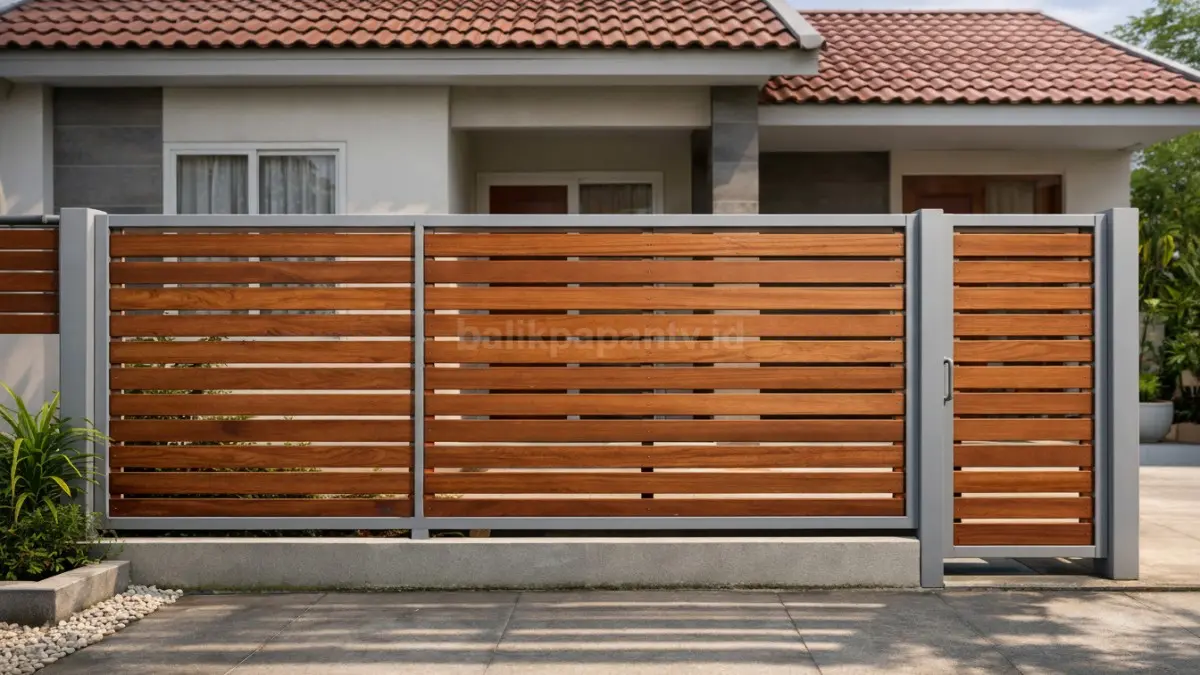 Pagar setengah tertutup kayu horizontal dengan rangka baja ringan.