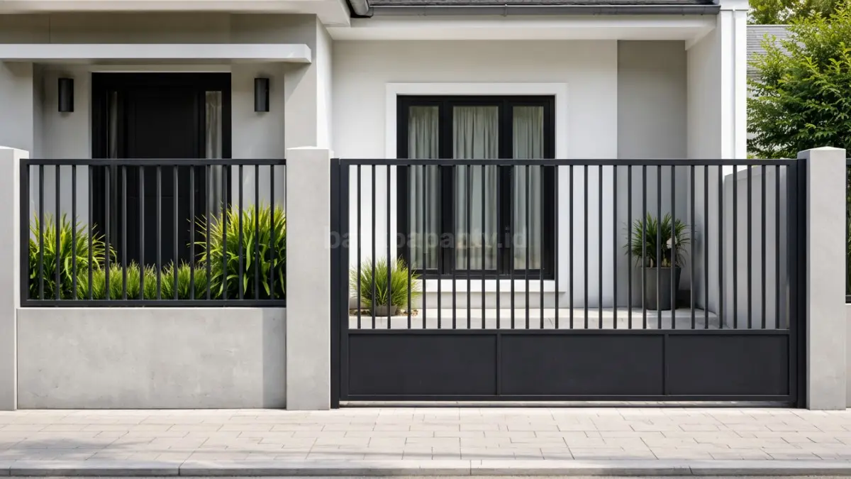 Pagar setengah tertutup kombinasi beton dan besi hollow vertikal di rumah minimalis.