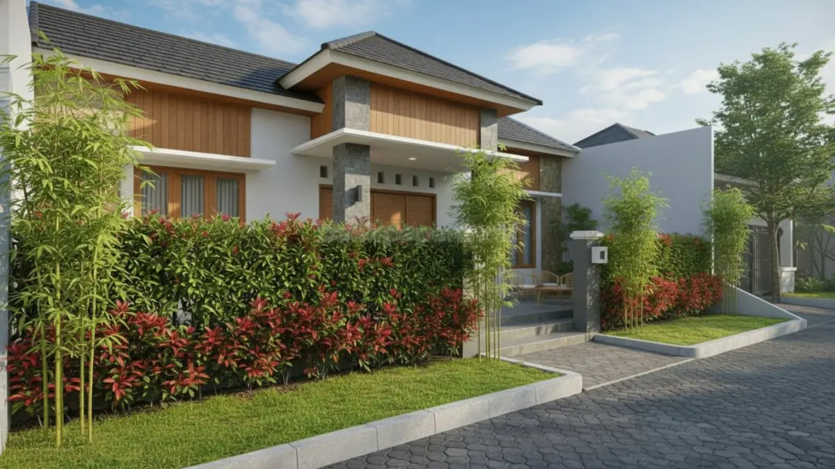 Pagar tanaman hidup atau green fence dengan susunan tanaman rapi seperti pucuk merah atau bambu Jepang, menciptakan pembatas alami yang segar sekaligus memperindah tampilan rumah