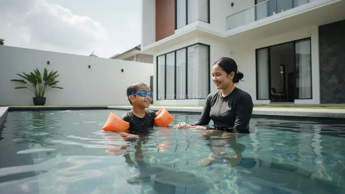 Pemula belajar renang dengan instruktur di kolam dangkal
