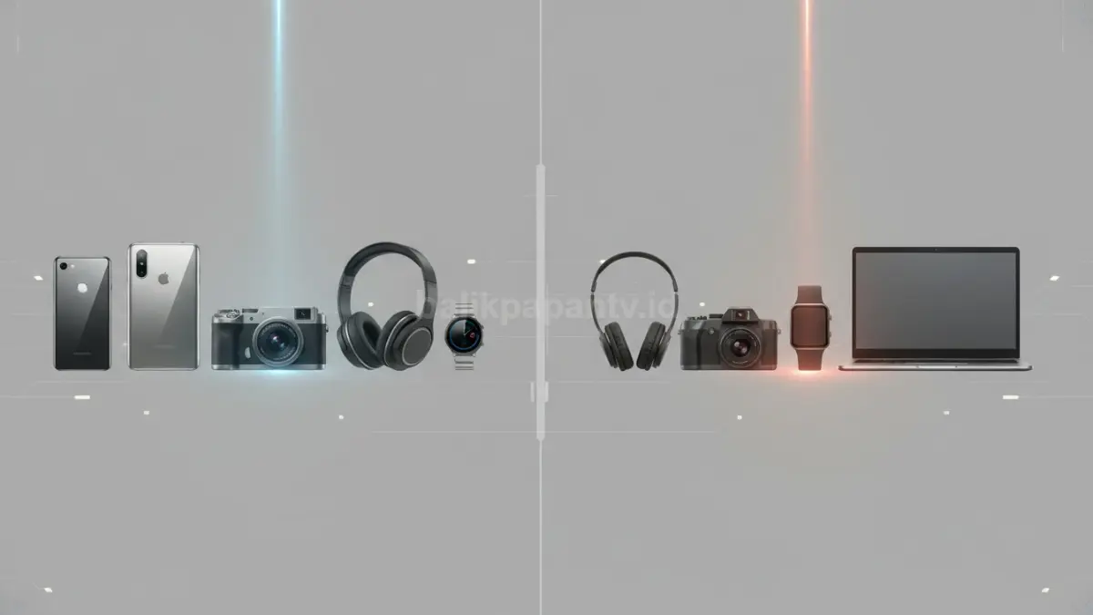 Perbandingan deretan gadget asli dan versi murah, visual kontras harga dan fungsi menarik perhatian.