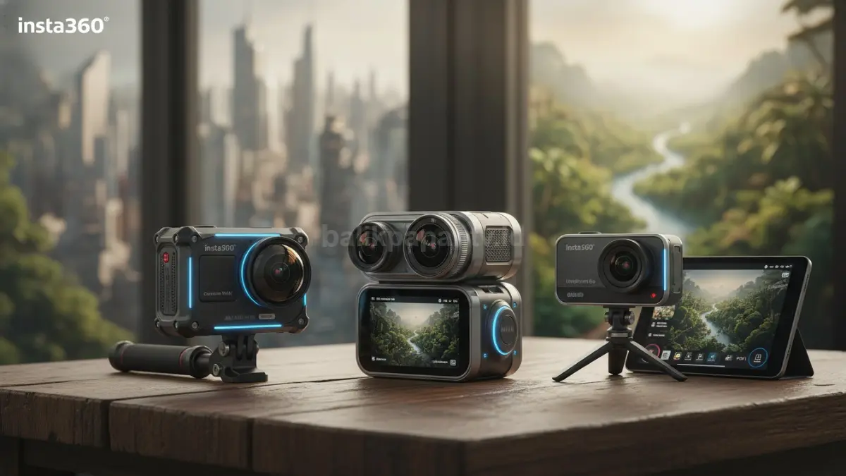 Perbandingan tiga kamera Insta360 2026 untuk kreator, menampilkan desain, fitur, dan karakter penggunaan yang berbeda.