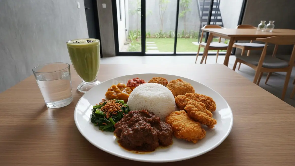 Piring makanan lengkap dengan nasi, lauk, dan sayur sebagai menu penambah berat badan