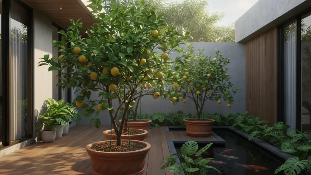 Pohon lemon dalam pot dengan buah segar siap panen di halaman rumah
