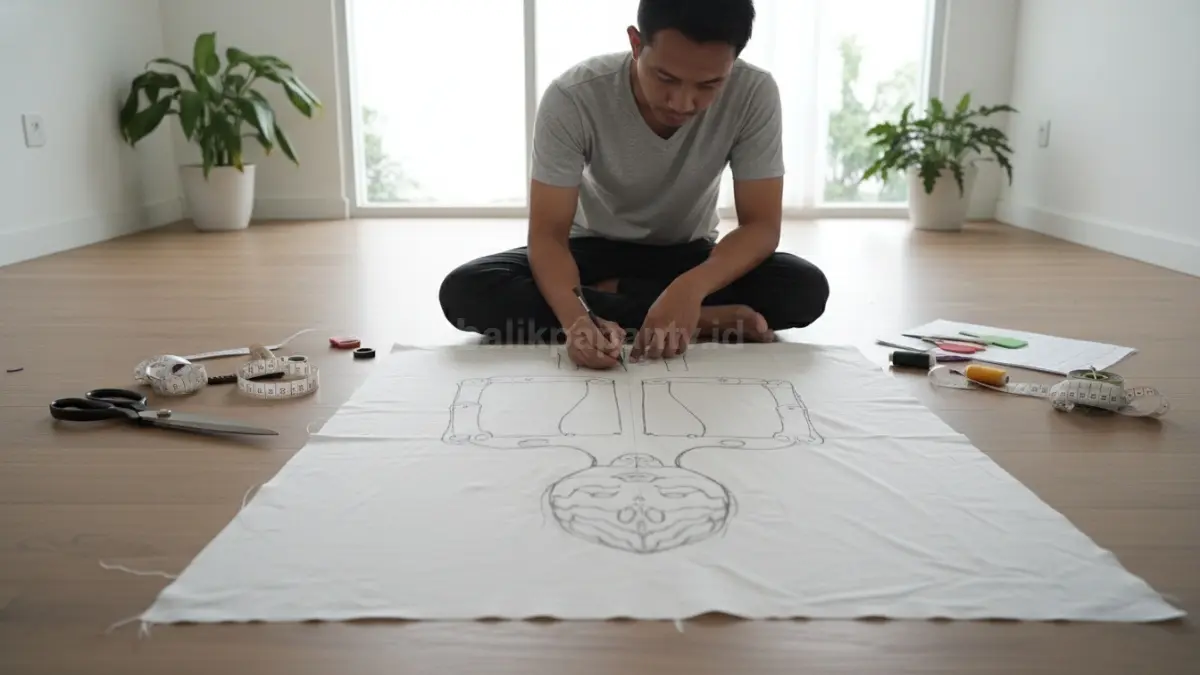 Proses menggambar pola boneka di kain sebelum dipotong