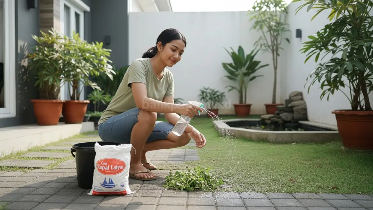 Proses menyemprot larutan garam ke gulma di sela paving halaman rumah
