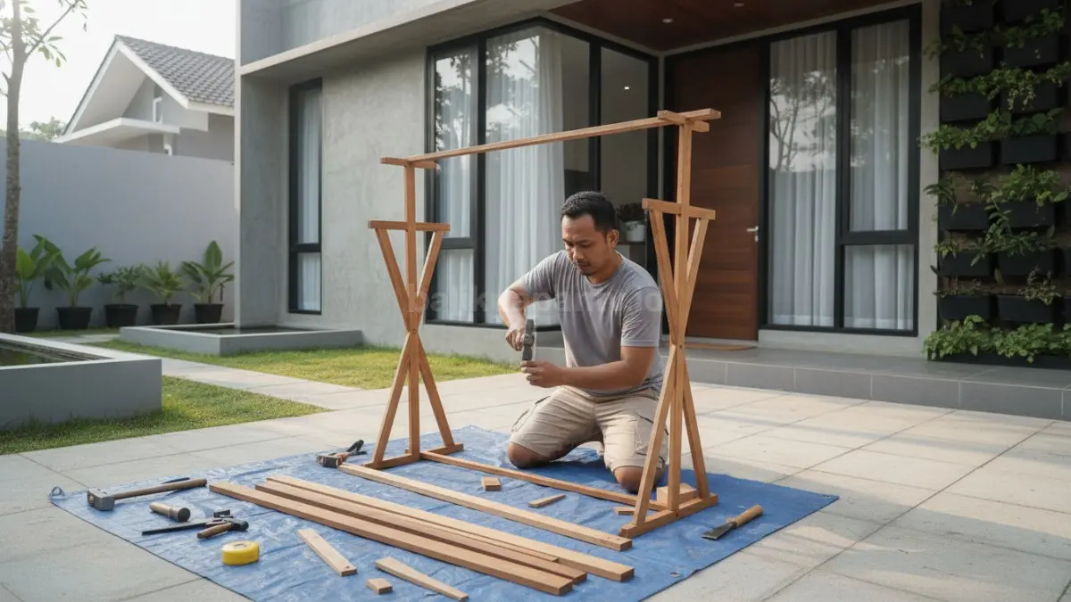 Proses merakit jemuran kayu dengan alat sederhana
