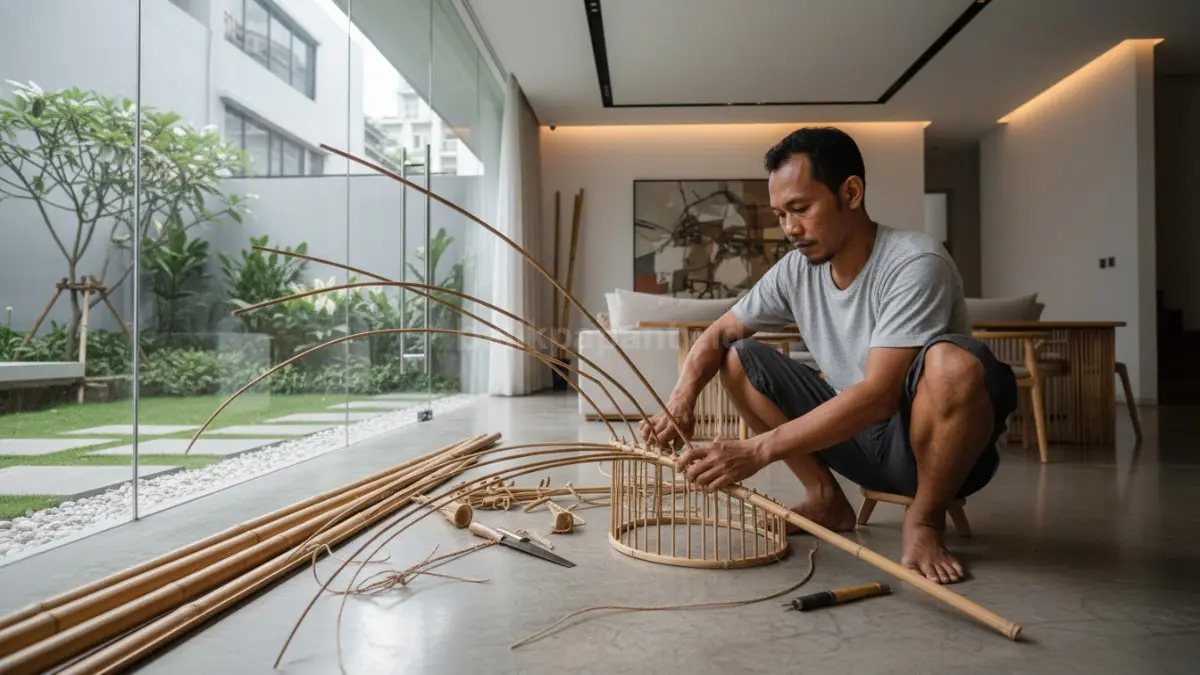Proses merakit rangka kandang dari bambu
