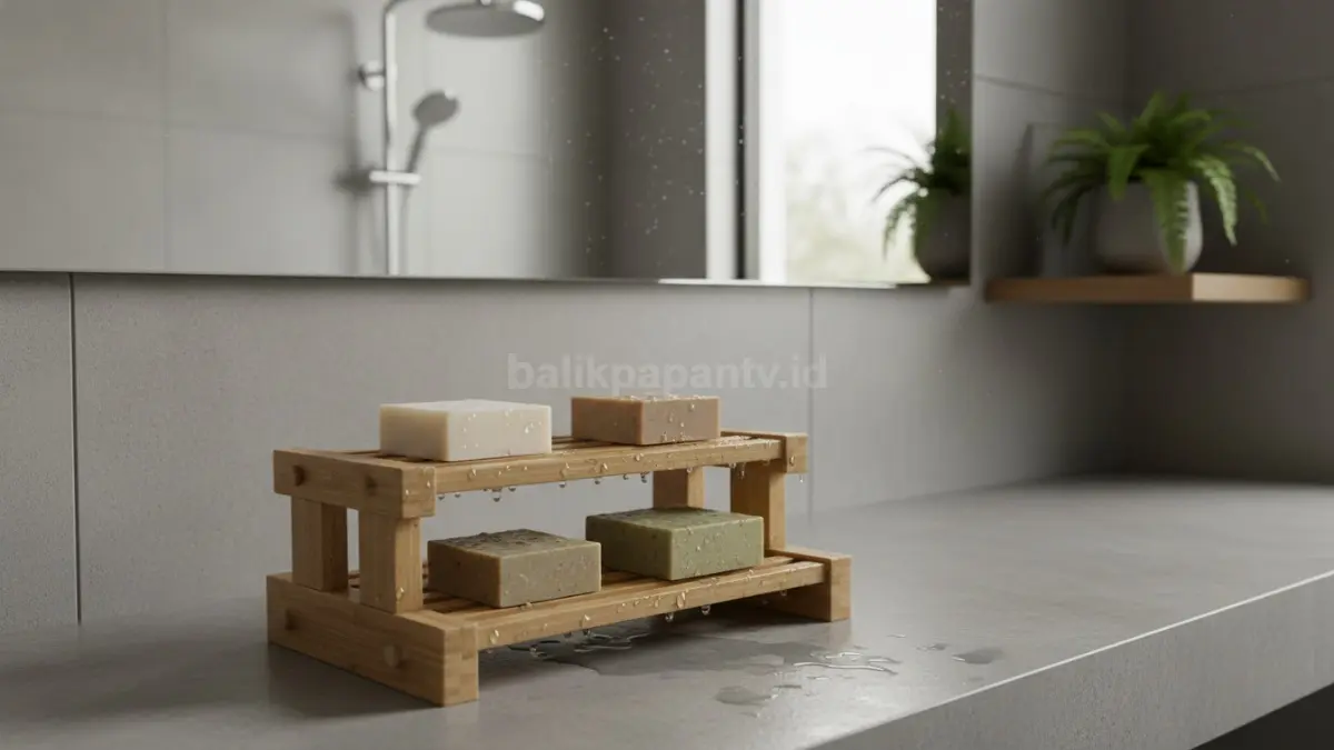 Rak sabun bambu digunakan di kamar mandi lembap agar sabun cepat kering
