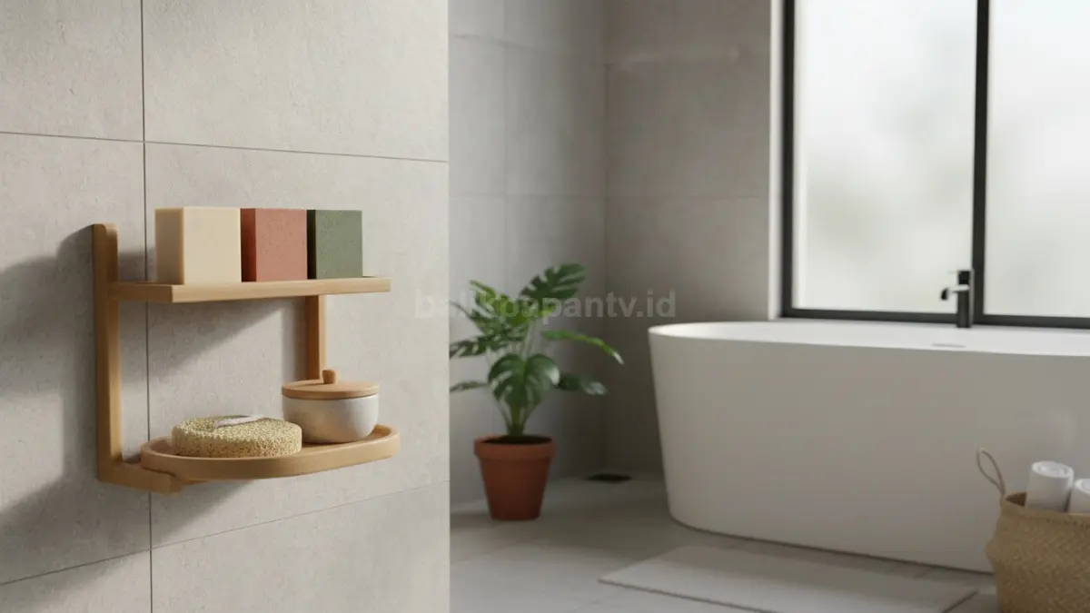 Rak sabun bambu minimalis di kamar mandi dengan desain natural dan rapi
