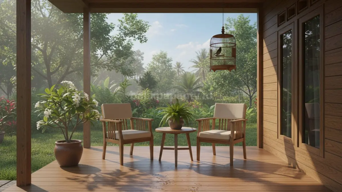 Rumah kampung sederhana dengan teras estetik modern tropis