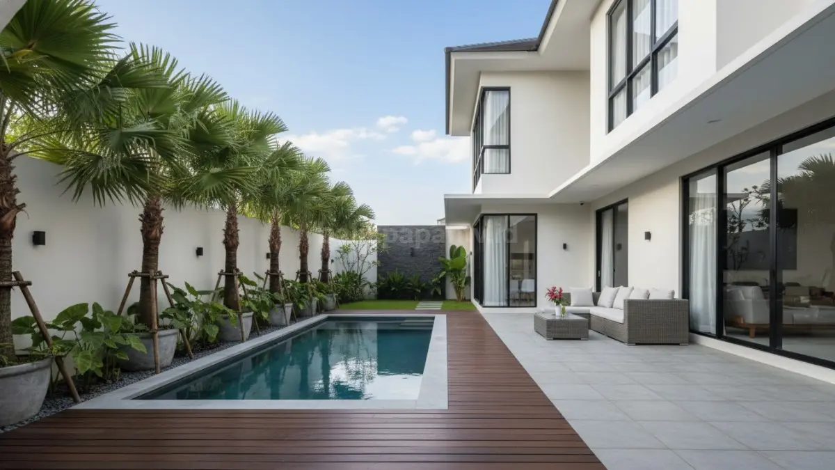 Taman belakang rumah dengan kolam renang minimalis modern