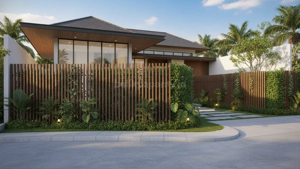 Tampilan rumah modern di kawasan tropis dengan pagar tanpa besi yang menyatu dengan desain minimalis dan lingkungan sekitar