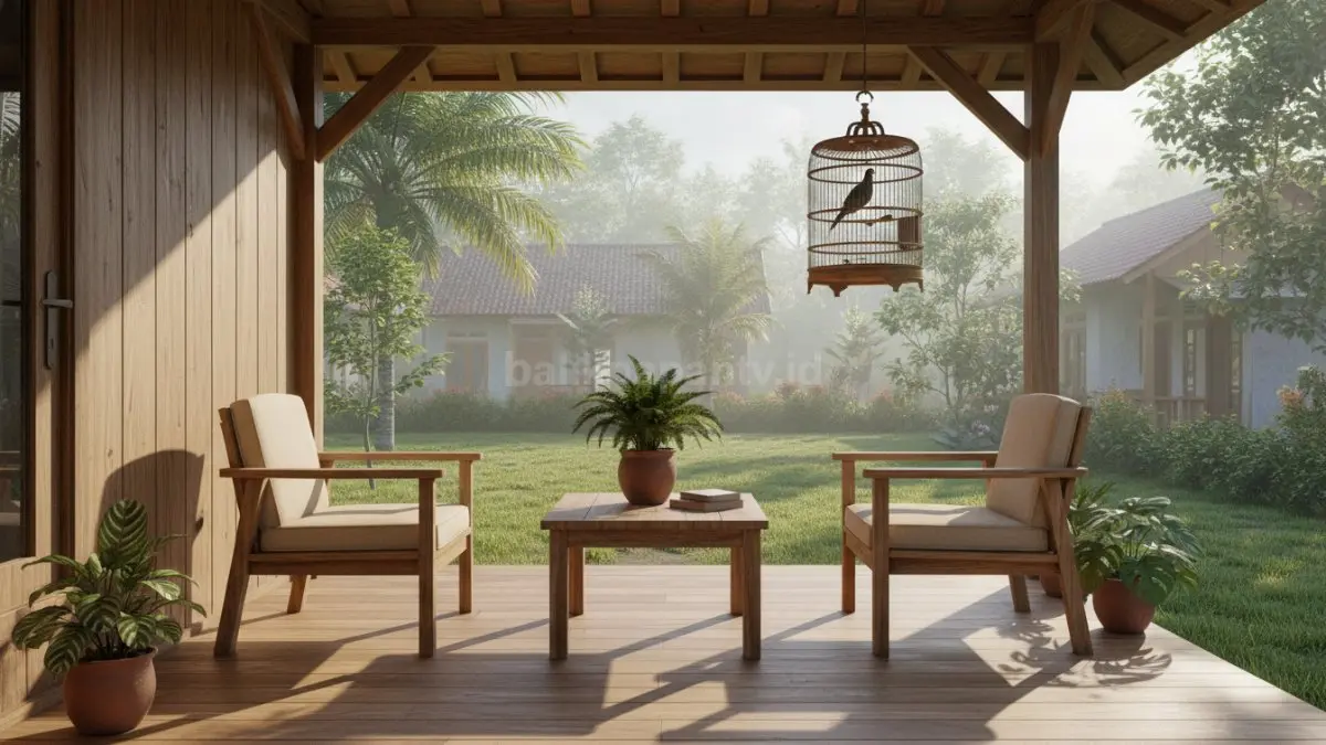 Teras kayu natural dengan struktur sederhana