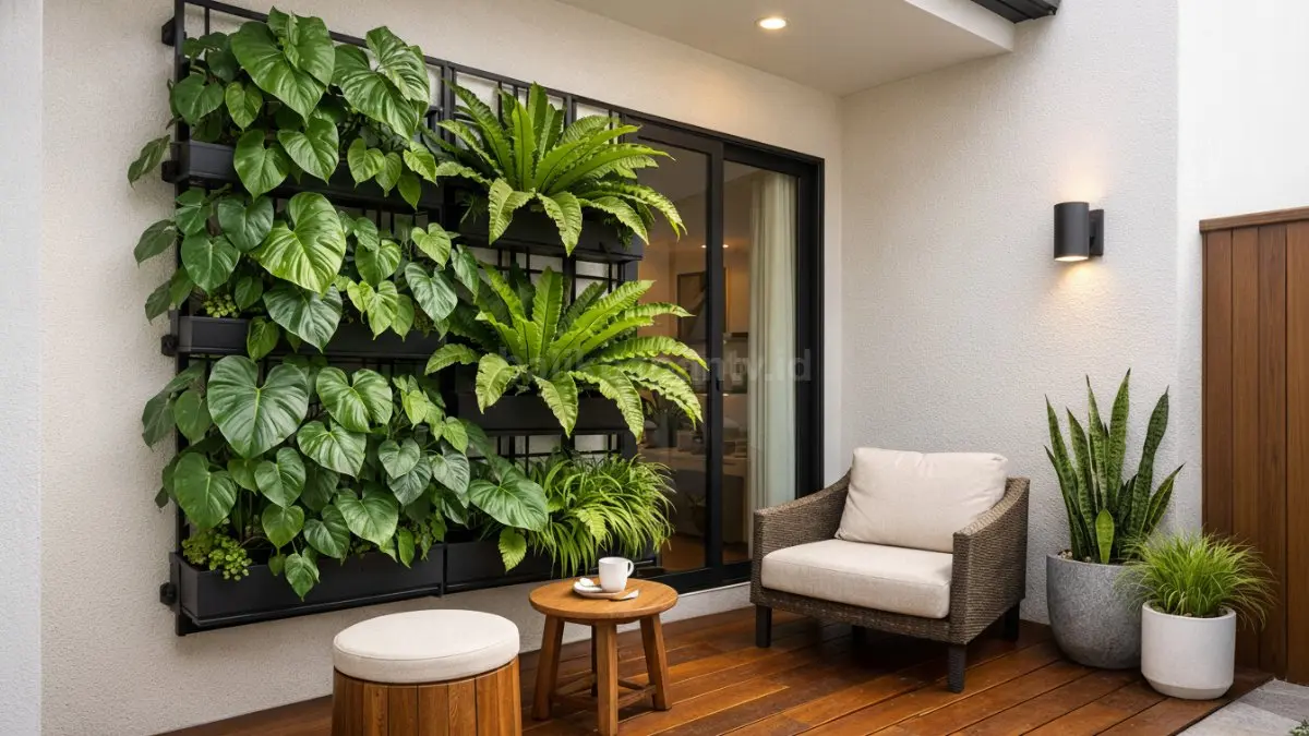 Teras rumah kecil dengan vertical planter daun lebar.