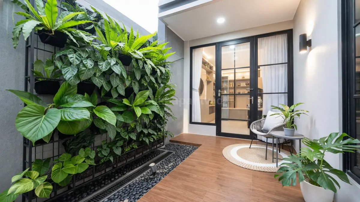 Teras rumah minimalis dengan vertical planter daun lebar.