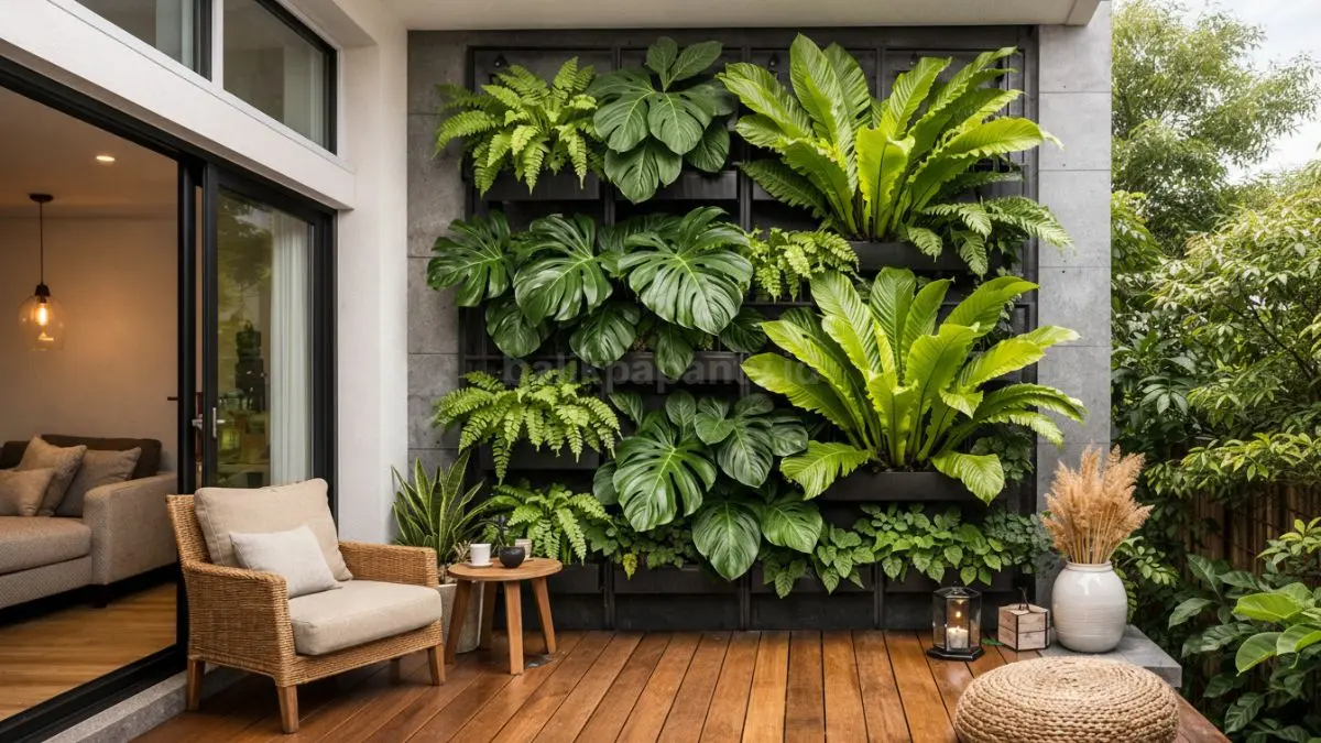 Teras rumah minimalis modern dengan tanaman daun lebar besar menciptakan suasana adem alami.