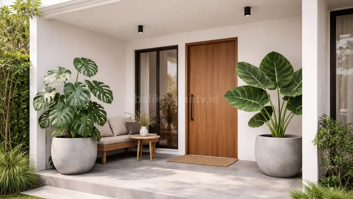 Teras rumah semi terbuka dengan pot besar minimalis.