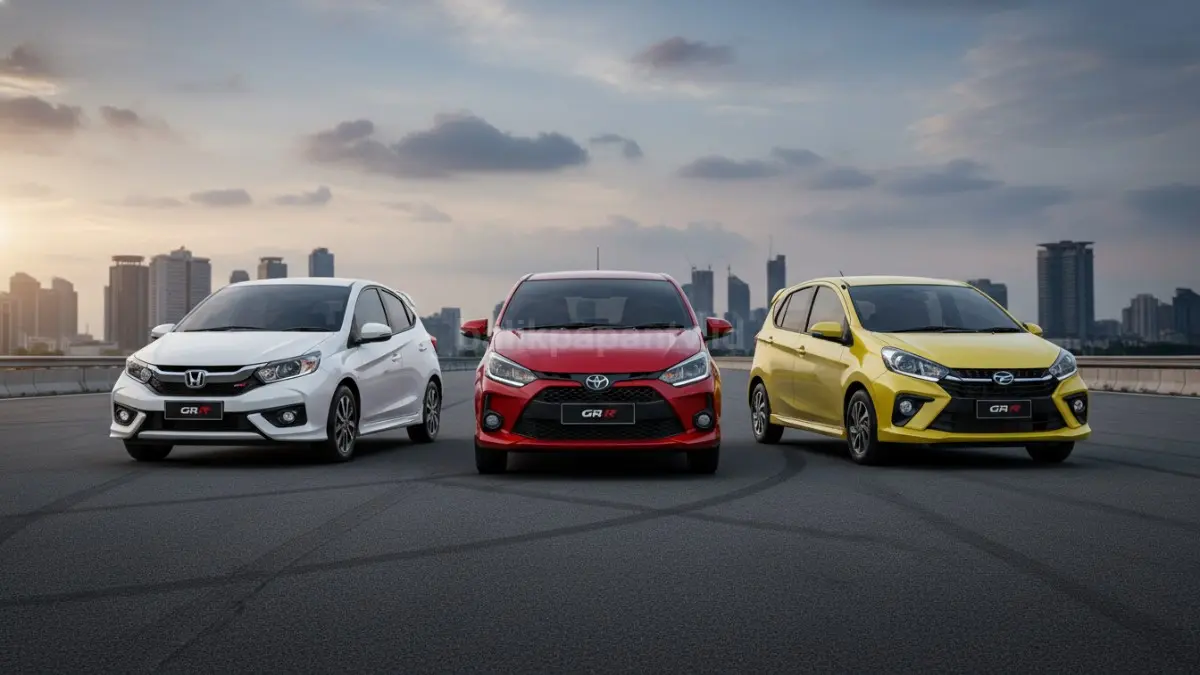 Tiga hatchback populer berjajar, menunjukkan perbandingan langsung desain dan karakter mobil.