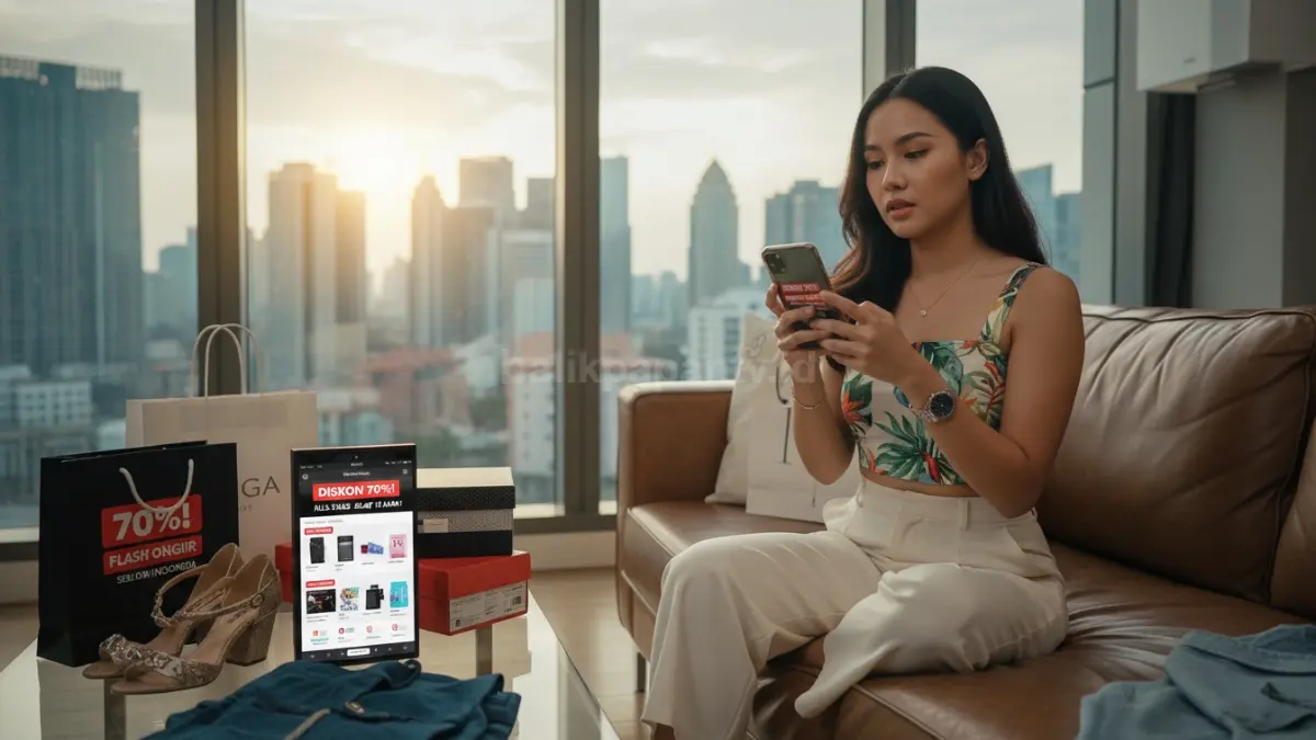 Tampilan seseorang sedang scroll aplikasi belanja online dengan banyak label diskon besar, flash sale, dan notifikasi promo menarik, lalu memasukkan barang ke keranjang tanpa perencanaan, mencerminkan kebiasaan belanja impulsif karena pengaruh tren dan promosi.