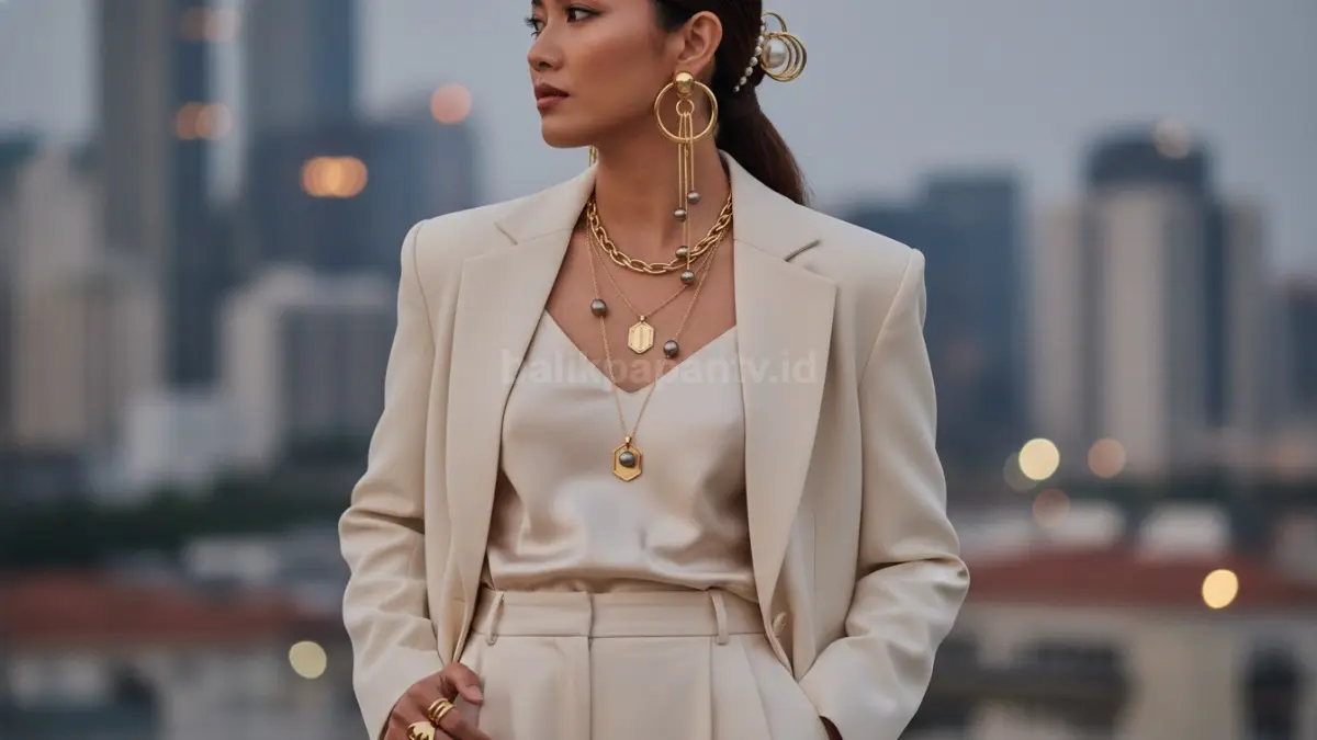 Aksesoris emas elegan dipadukan dengan outfit modern