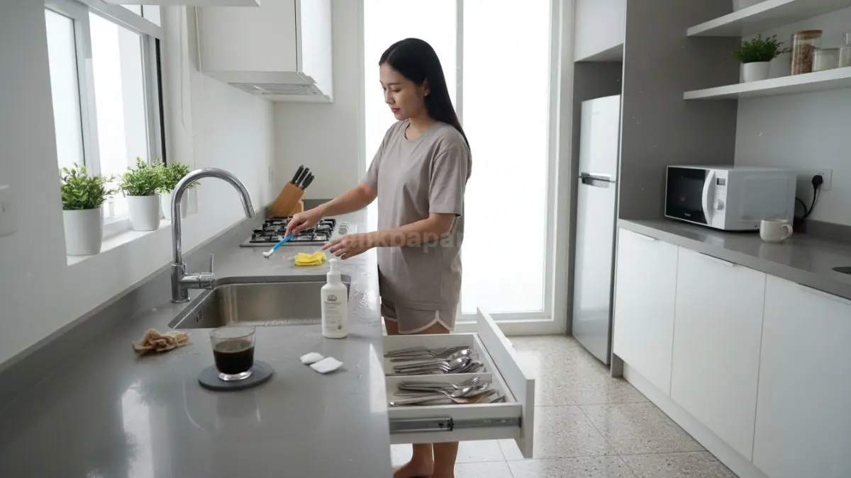Aktivitas membersihkan dapur dengan fokus pada benda kecil yang sering diabaikan