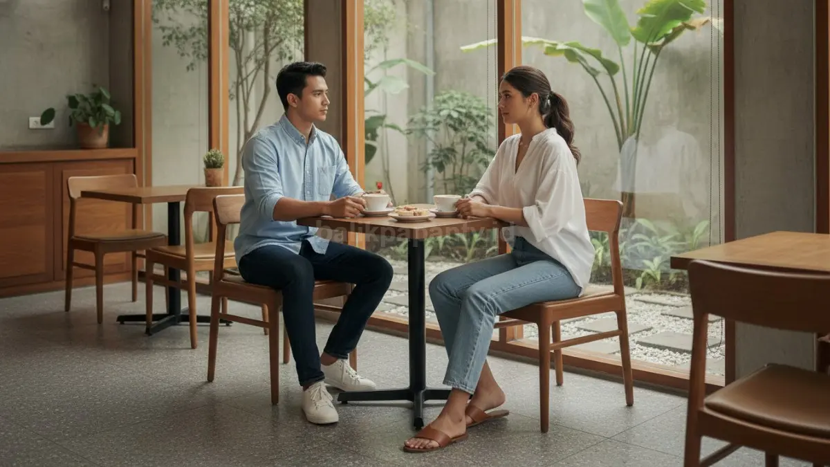 Contoh styling jeans di kafe dengan tampilan santai tapi tetap rapi
