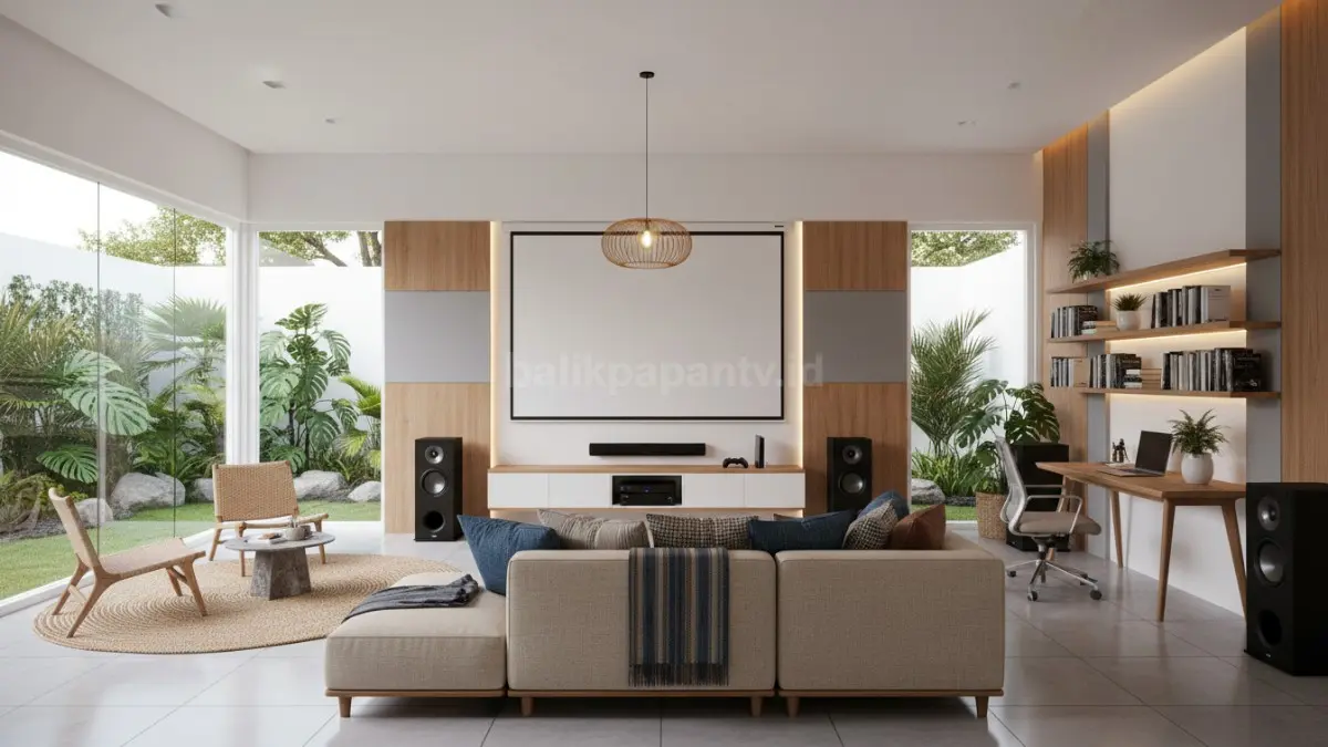 Desain ruang multifungsi dan home theater dalam rumah modern
