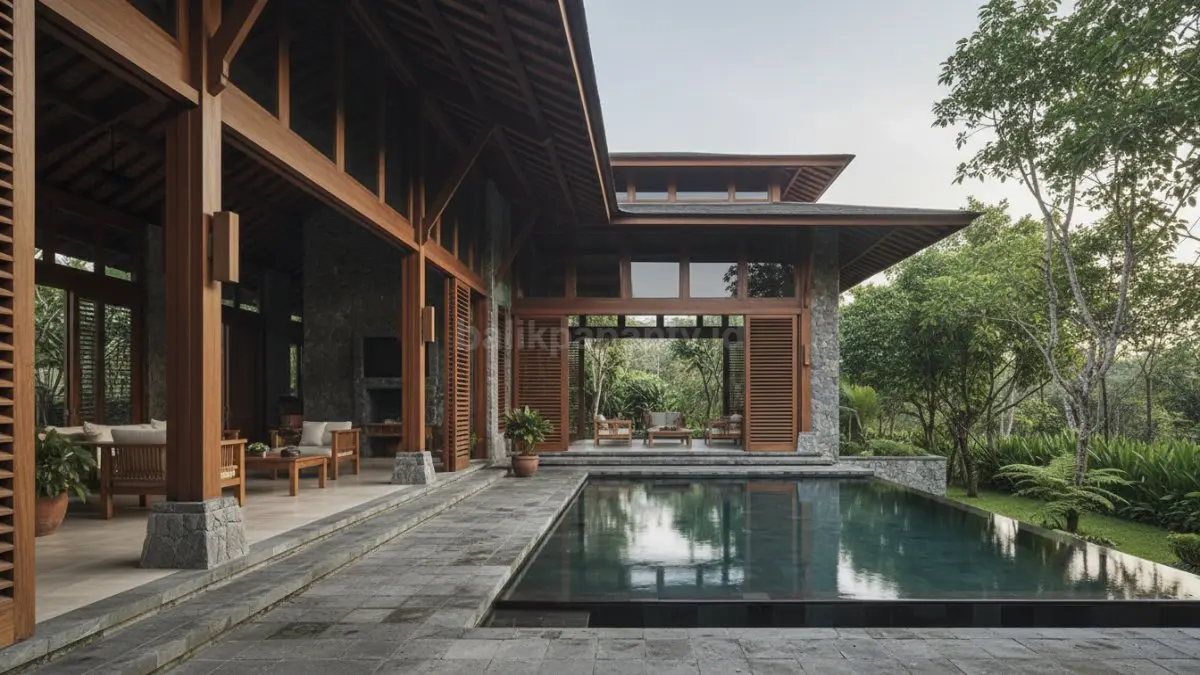 Desain rumah dengan ruang terbuka, memanfaatkan kayu dan batu alam, terlihat luas dengan jendela besar dan ventilasi alami maksimal.