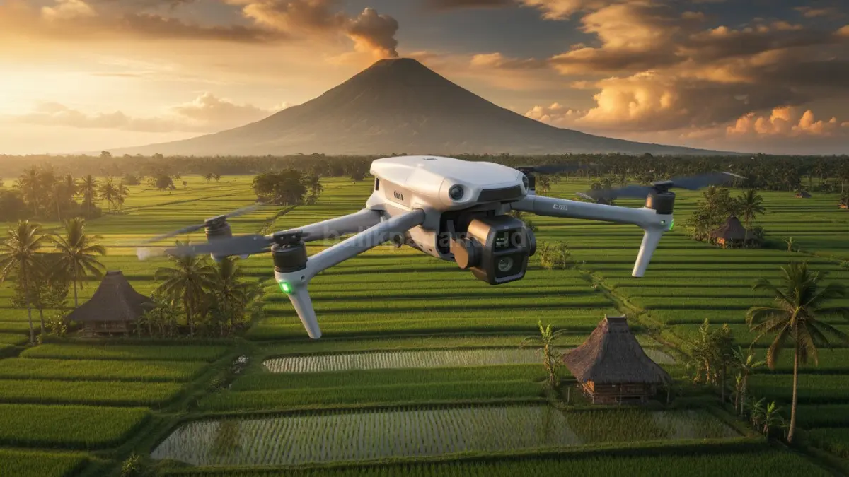 DJI Air 3S terbang stabil di area hutan dan kabut dengan sinyal kuat.