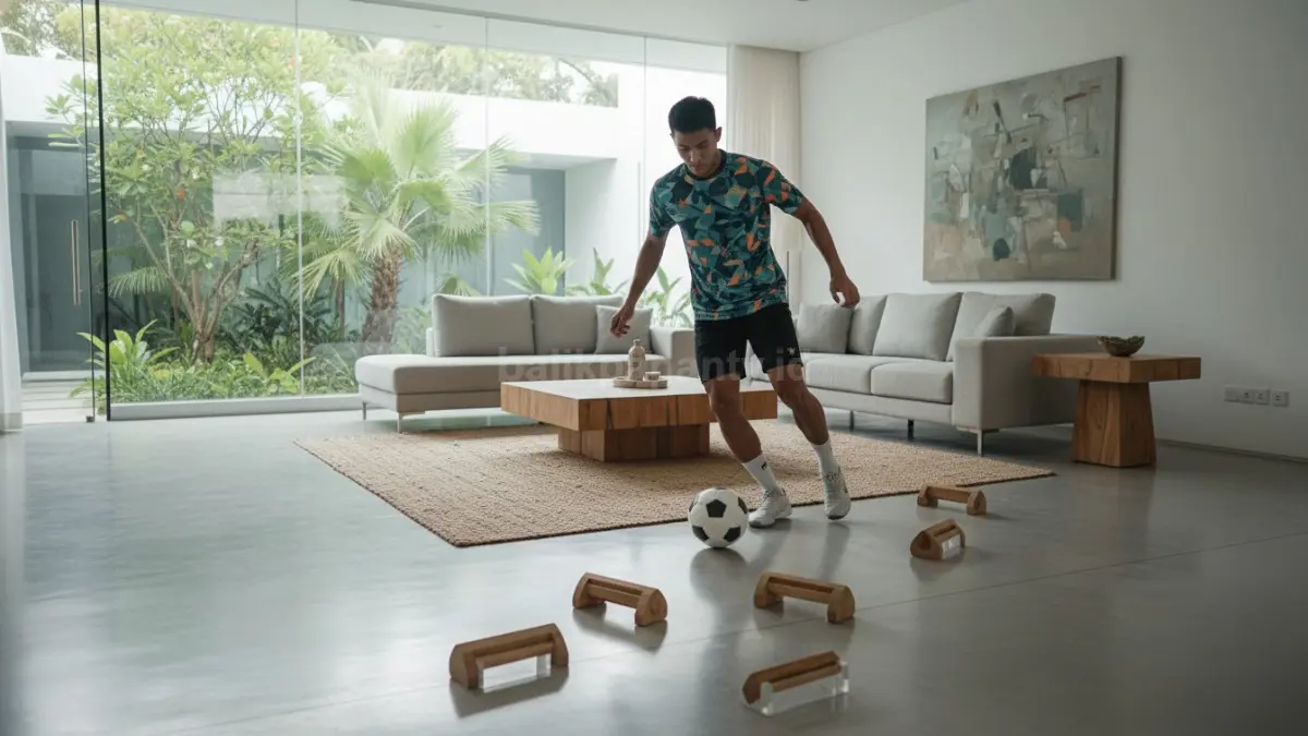 Dribbling zig-zag dengan rintangan kecil di dalam rumah
