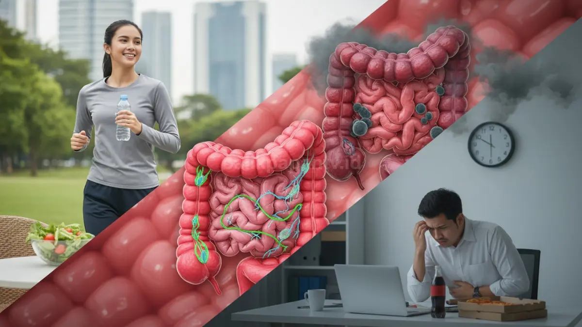 Ilustrasi gaya hidup modern dengan aktivitas padat, konsumsi makanan cepat saji, dan stres kerja yang berdampak pada gangguan pencernaan, menampilkan visual perbandingan usus sehat dan usus bermasalah sebagai highlight utama.