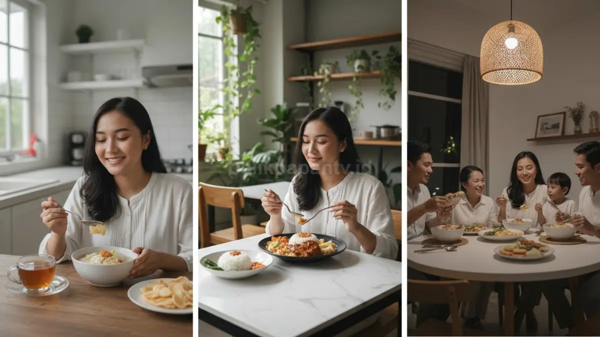 Ilustrasi jam makan harian dengan tiga waktu utama yang konsisten, menampilkan seseorang menikmati sarapan, makan siang, dan makan malam secara teratur untuk membantu kerja lambung lebih stabil dan mencegah gangguan pencernaan.