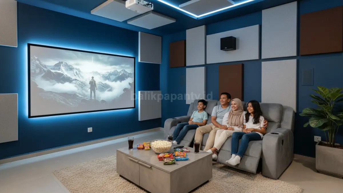 Ilustrasi keluarga menikmati film di ruang bioskop mini rumah