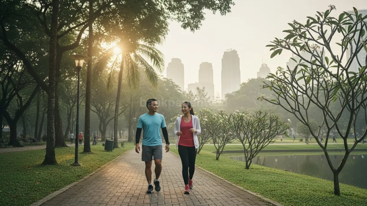 Ilustrasi seseorang berjalan santai atau berolahraga ringan di pagi atau sore hari, menunjukkan kebiasaan aktif bergerak yang membantu melancarkan pencernaan dan menjaga metabolisme tubuh tetap optimal.