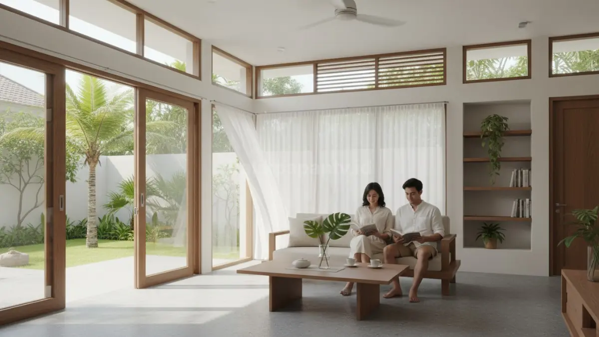 Interior rumah modern dengan pencahayaan alami dan ventilasi terbuka, menggambarkan udara bersih di dalam rumah