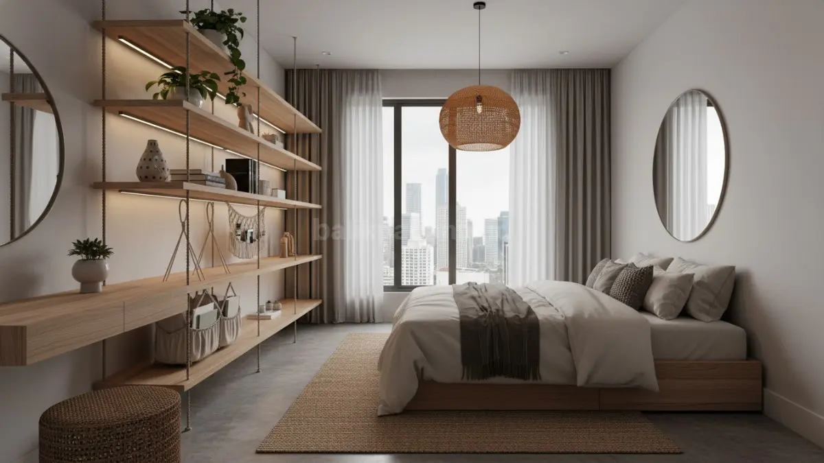 Kamar minimalis dengan dekorasi gantung yang fungsional